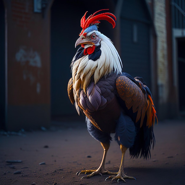 Un coq majestueux se dresse dans une ferme rurale générée par l'IA