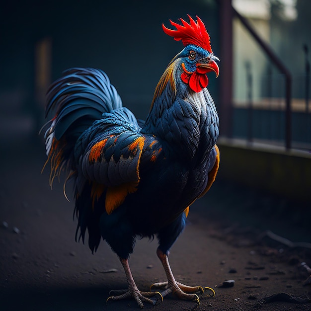 Un coq majestueux se dresse dans une ferme rurale générée par l'IA