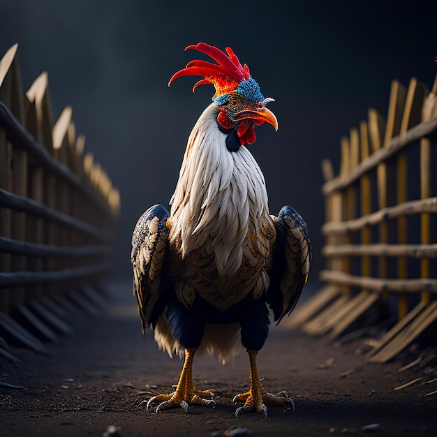 Un coq majestueux se dresse dans une ferme rurale générée par l'IA