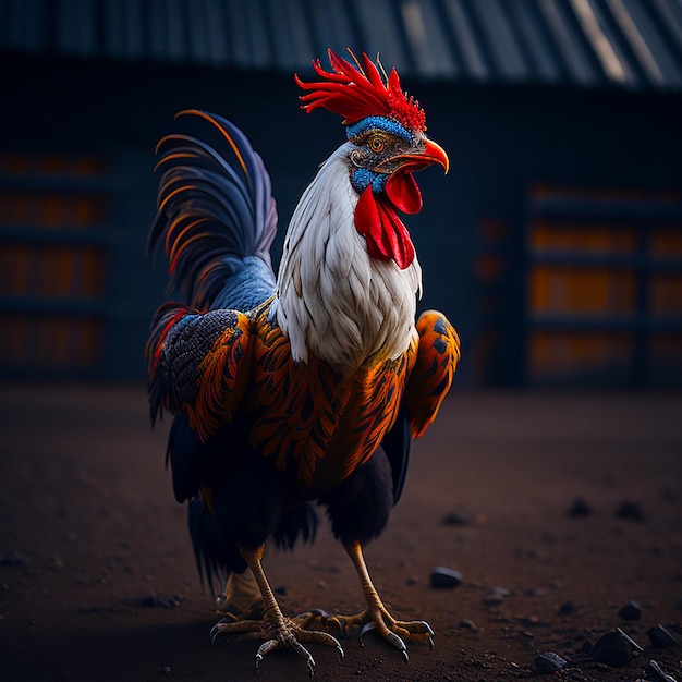 Un coq majestueux se dresse dans une ferme rurale générée par l'IA