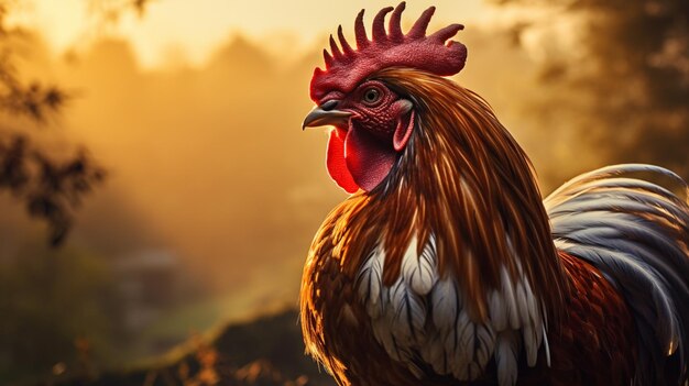 Coq avec peigne rouge et plumes blanches debout devant un coucher de soleil ai génératif