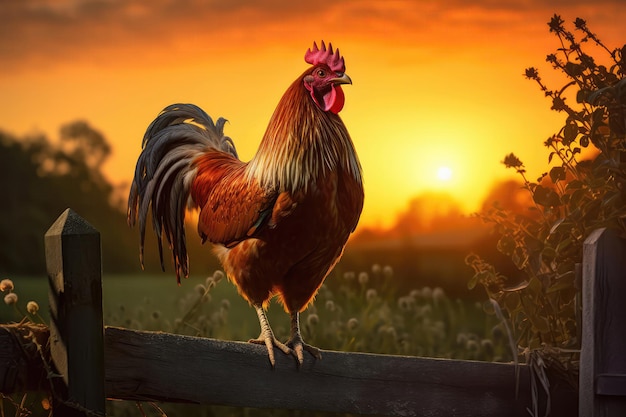 Coq perché sur une clôture au lever du soleil chantant fièrement AI générative