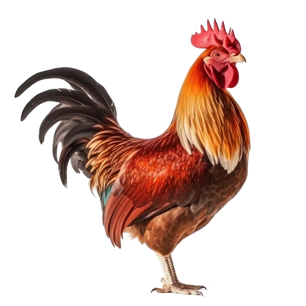 Un coq avec des plumes rouges et jaunes et une queue noire