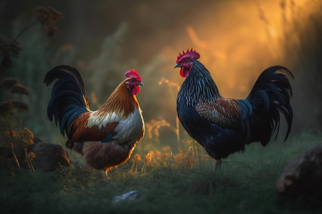 Un coq et une poule se tiennent dans un champ le soir.