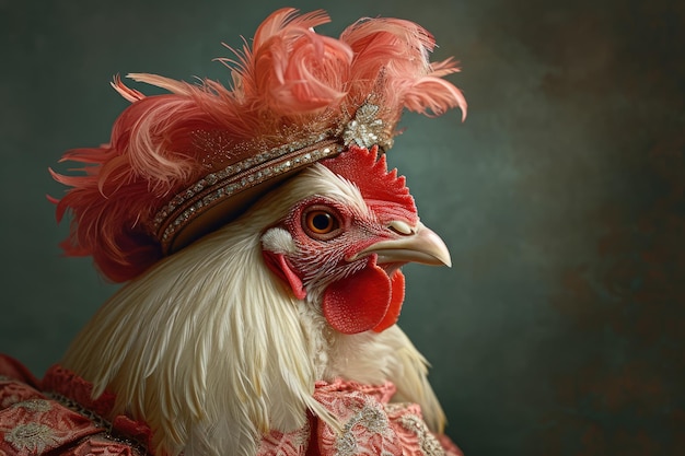 Coq de poulet Un animal en vêtements Renaissance dans un costume baroque un portrait en gros plan d'un style rétro vintage à la mode d'une époque passée