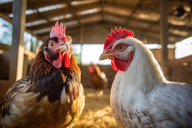 Coq et poulet dans le poulailler à la ferme