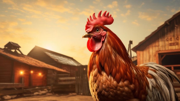 Un coq qui chante fièrement sur le fond d'une grange classique