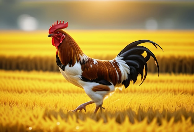 Un coq qui marche dans un champ de riz jaune