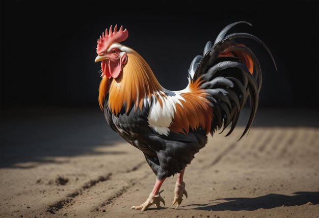 Un coq rampe sur le sol à la recherche de nourriture.