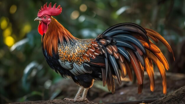 Un coq se dresse sur une branche d'arbre dans la jungle.