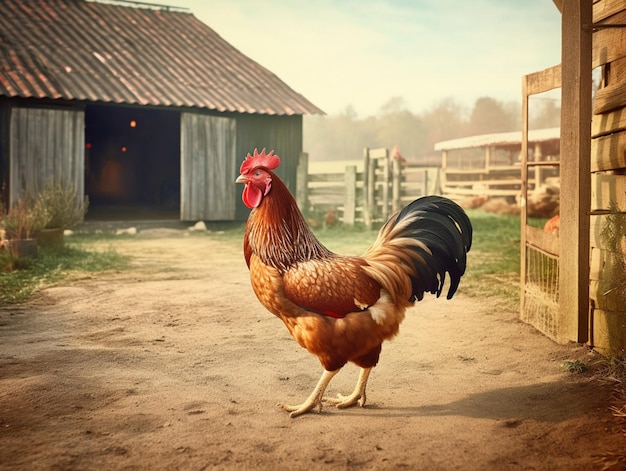 Un coq se tient devant une grange avec une grange en arrière-plan.