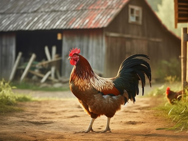 Un coq se tient devant une grange