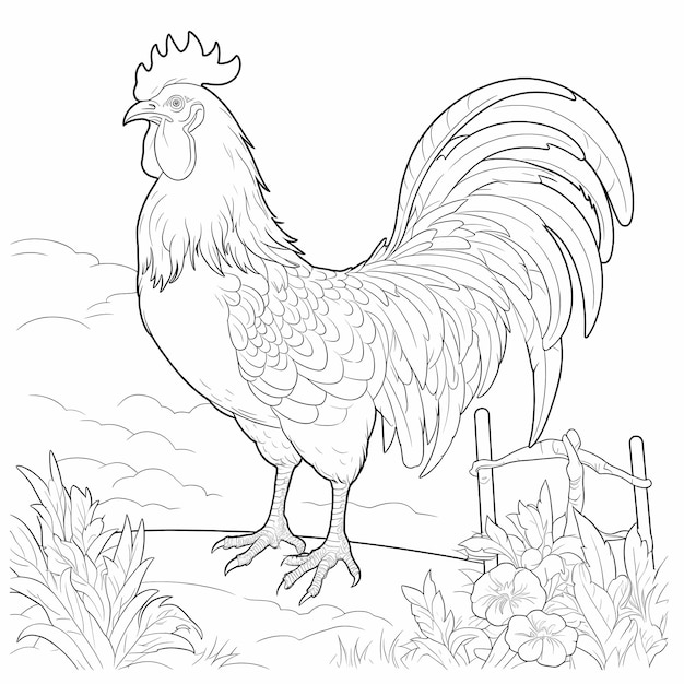 Photo coq de style dessin animé pour enfants, coloriage, pas de couleur, pas d'ombrage