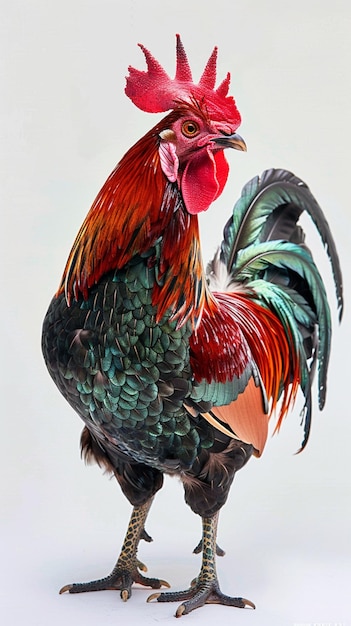 un coq avec une tête rouge et des plumes vertes généré par l'IA