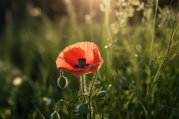 Un coquelicot dans l'herbe avec le soleil qui brille dessus.