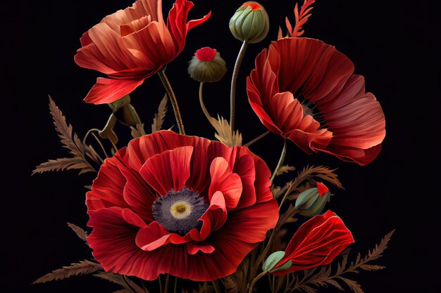 Coquelicots rouges sur fond sombre Generative Ai