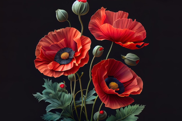 Coquelicots rouges sur fond sombre Generative Ai