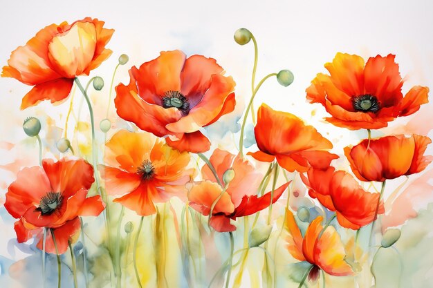 des coquelicots sauvages à l'aquarelle humide