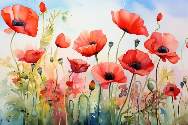 des coquelicots sauvages à l'aquarelle humide