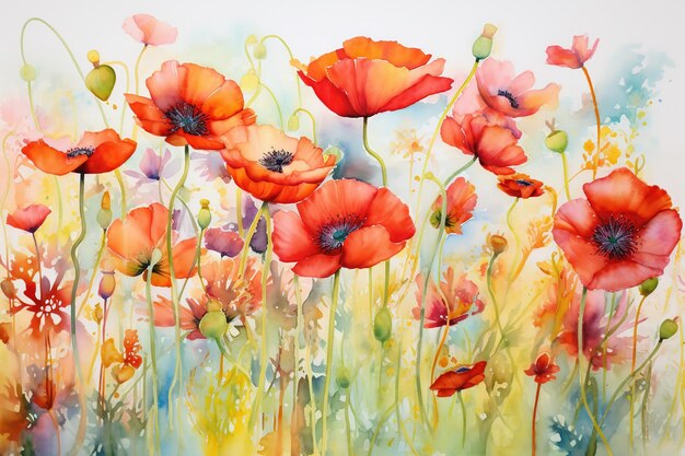 Photo des coquelicots sauvages à l'aquarelle humide