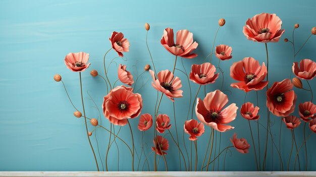 des coquelicots sur une table en bois bleu