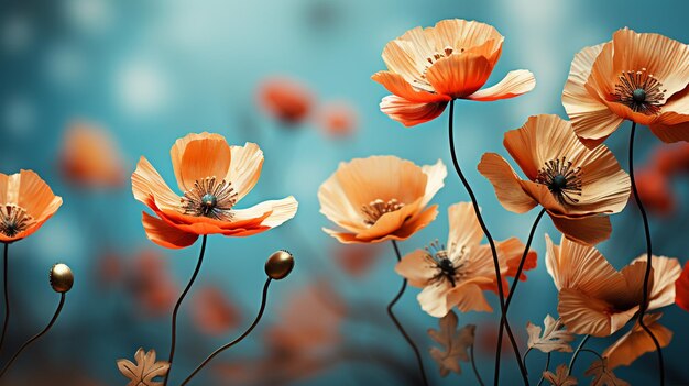 des coquelicots sur une table en bois bleu