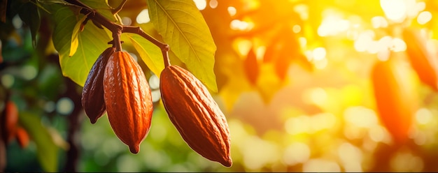 Coques de cacao arbre de cacao arrière-plan flou avec espace de copie ai généré