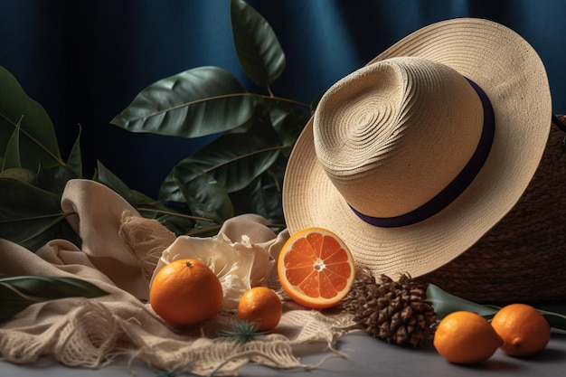 Coquillage et chapeau avec des plantes près des fruits et une bascule dans un sac