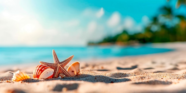 Coquillage étoile de mer et corail sur l'espace de sable de plage pour le texte généré par ai