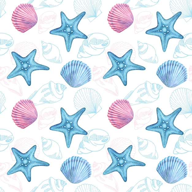 Coquillage étoile de mer sans couture répétition tuile de fond sur bleu