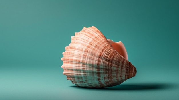 Un coquillage sur fond bleu avec le mot mer dessus.