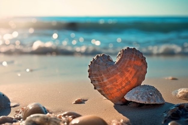 Un coquillage en forme de coeur sur une plage