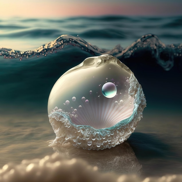 Photo coquillage de paysage marin fantastique avec des perles sur les vagues de l'océan écume de mer coucher de soleil ai