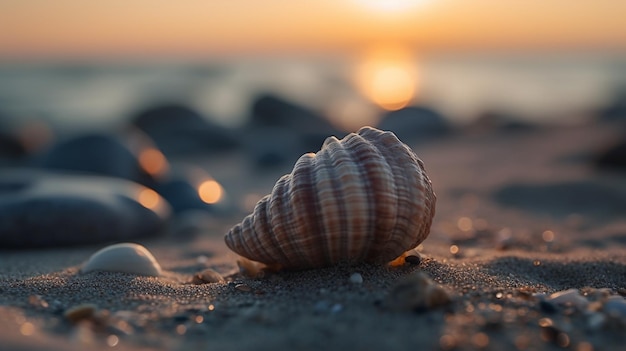 Un coquillage sur une plage au coucher du soleil