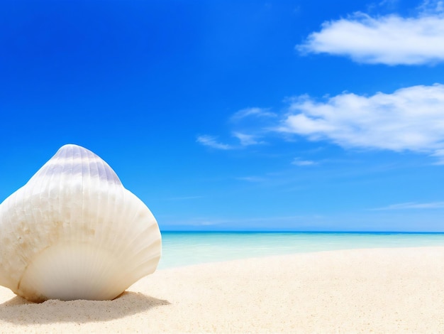 Un coquillage sur une plage avec un ciel bleu en arrière-plan généré par ai