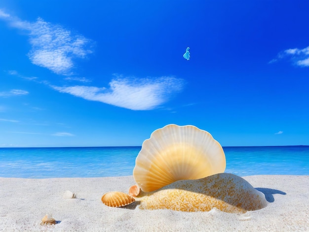 Un coquillage sur une plage avec un ciel bleu en arrière-plan généré par ai