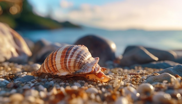 Un coquillage sur une plage avec un ciel bleu en arrière-plan