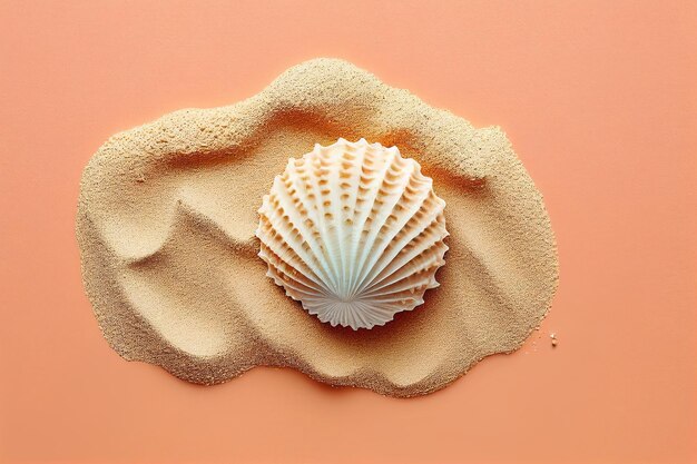 Un coquillage sur une plage de sable avec une plage en arrière-plan.