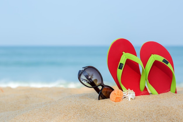 Coquillages chaussures lunettes de soleil plage avec la mer dans la journée.