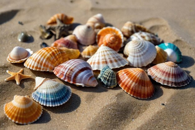 Des coquillages colorés éparpillés sur la plage de sable