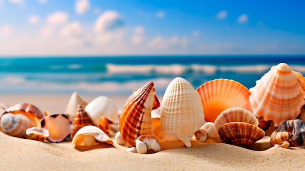 Coquillages et coquillages sur une plage de sable avec l'océan en arrière-plan Generative AI