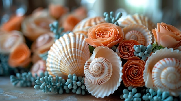 Photo des coquillages de corail pastel délicatement placés sur le papier peint