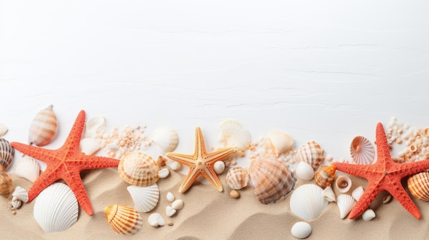 des coquillages avec des coraux et des étoiles de mer sur du sable blanc pur