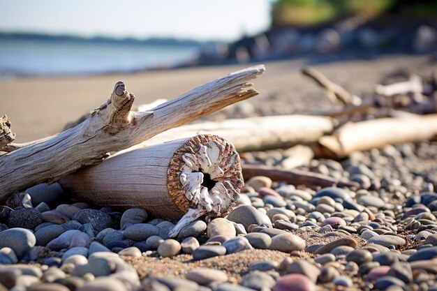 Des coquillages et du bois à la dérive échoués sur le rivage