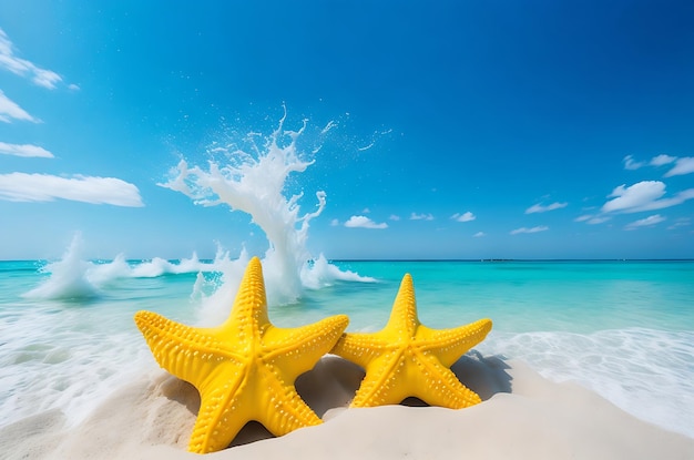 Coquillages et étoiles de mer sur la belle plage tropicale et mer avec fond de ciel bleu