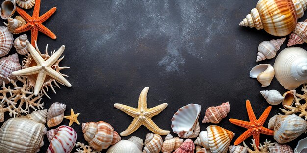 Photo coquillages et étoiles de mer sur fond noir vue supérieure avec espace de copie