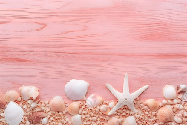 Coquillages et étoiles de mer sur fond rose