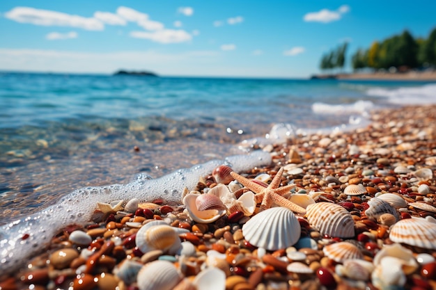 Coquillages et étoiles de mer sur la plage Arrière-plan d'été génératif ai