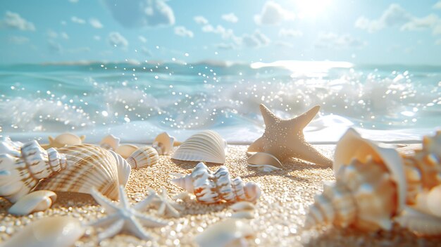 Coquillages et étoiles de mer sur la plage de sable avec le fond de la mer