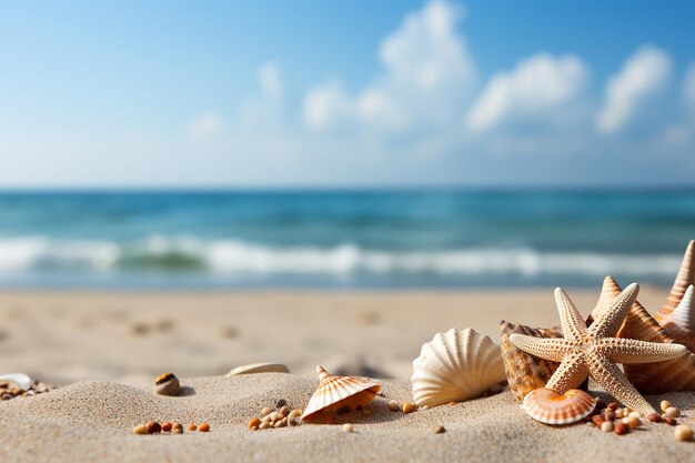 Coquillages sur le fond de l'été de sable avec de l'espace pour les vacances de texte et les voyages